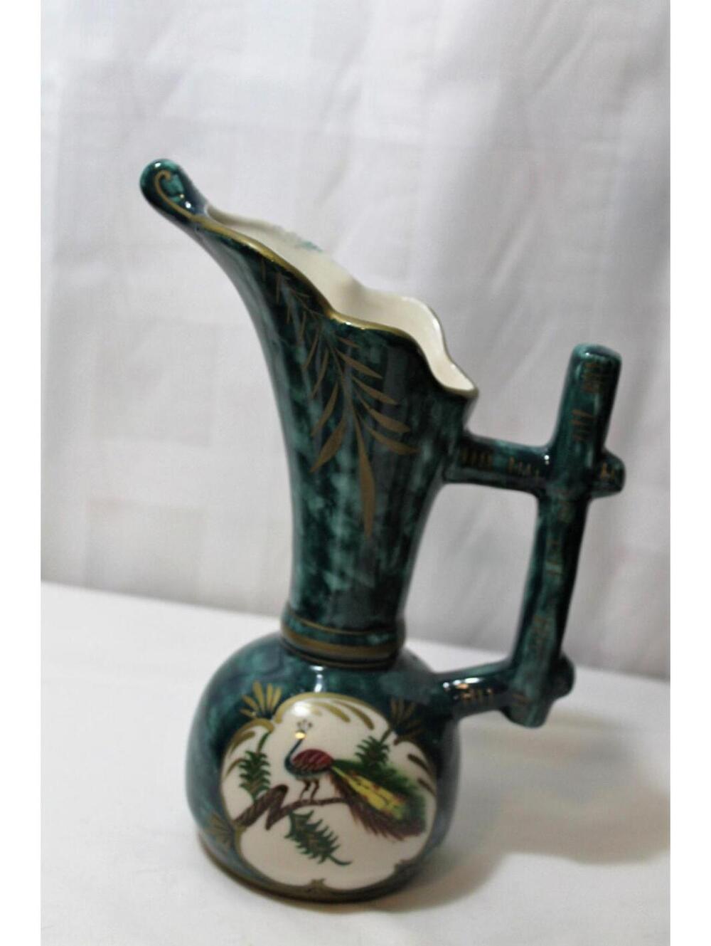 Majolica Peacock Ewer Vase and Trinket Dish with Hand Painted Peacock - Picture 3 of 5